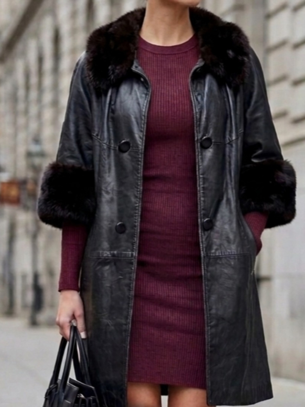 [[Unbranded]] Womens Black Leather Coat with Natural Fur Trim